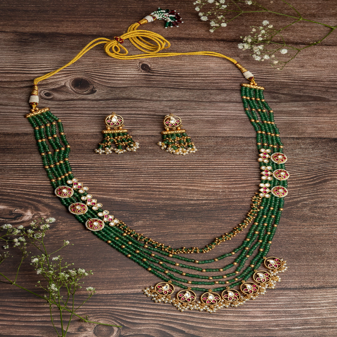 vivinia BY VIDHI MEHRA ISMAARH 2.0 Gold/Green Long Necklace Set with Pair of Earrings