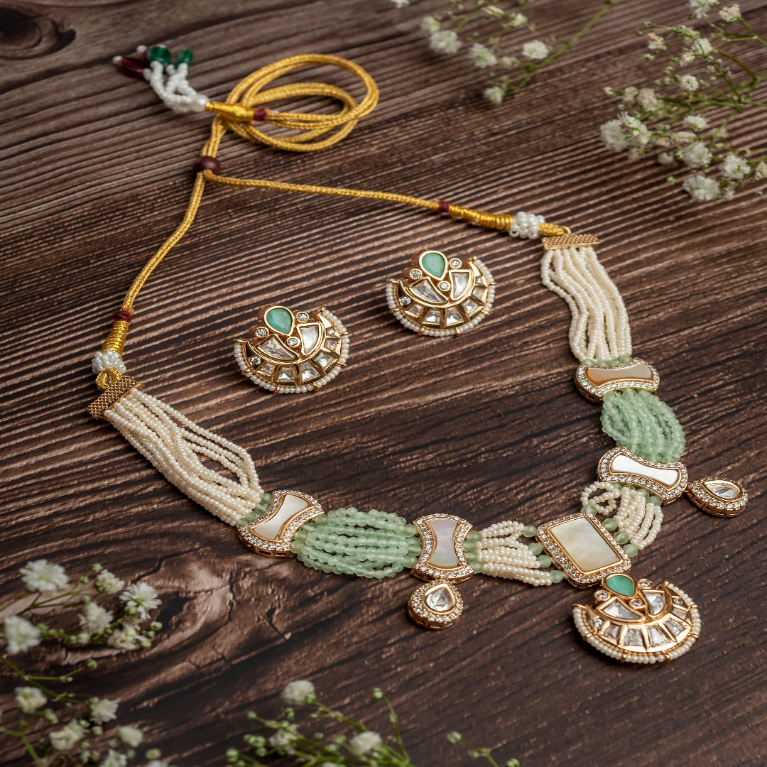 vivinia BY VIDHI MEHRA ISMAARH 2.0 Gold/Green/White Choker Necklace Set with Pair of Earrings