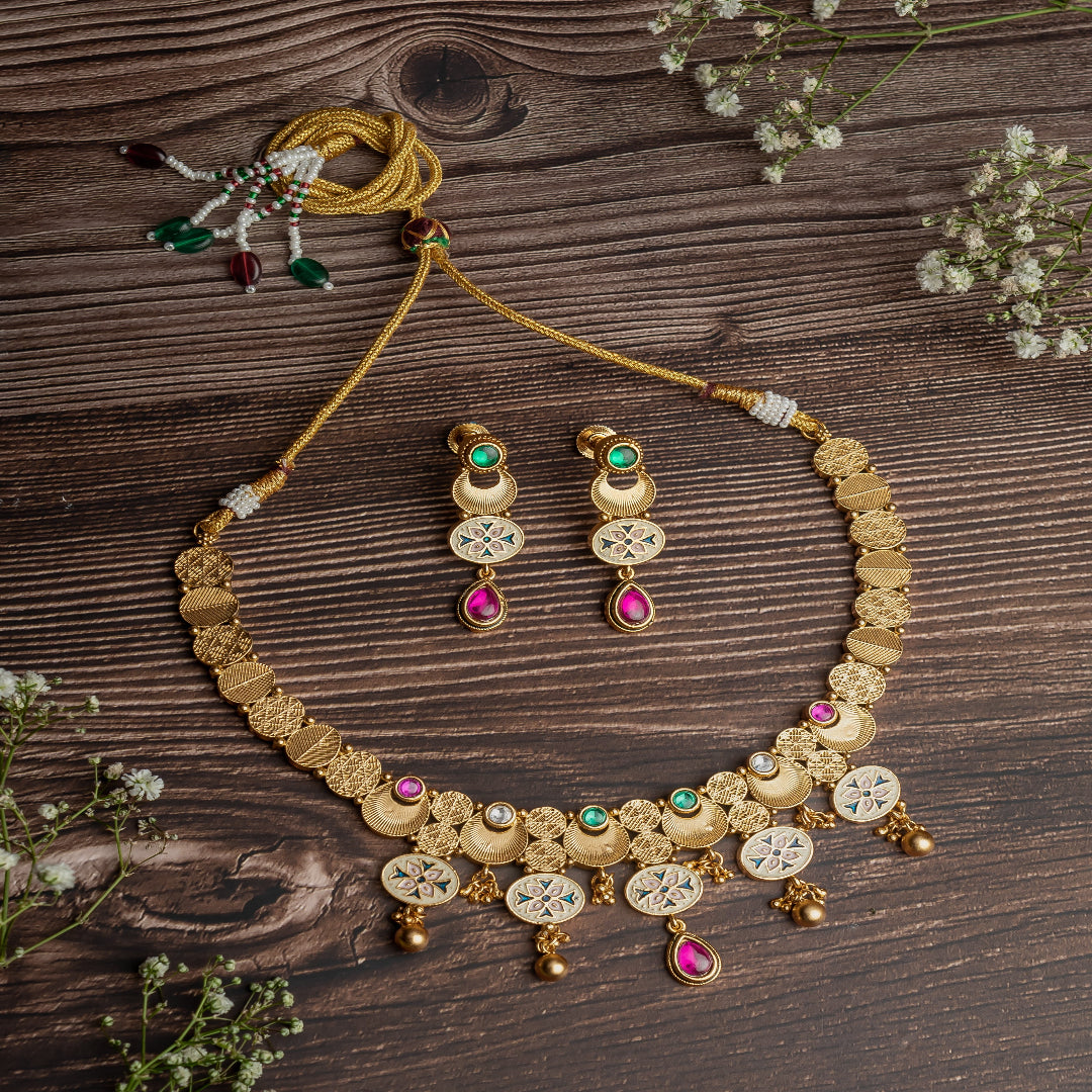 vivinia BY VIDHI MEHRA ISMAARH 2.0 Gold/Multi Choker Necklace Set with Pair of Earrings-VN969