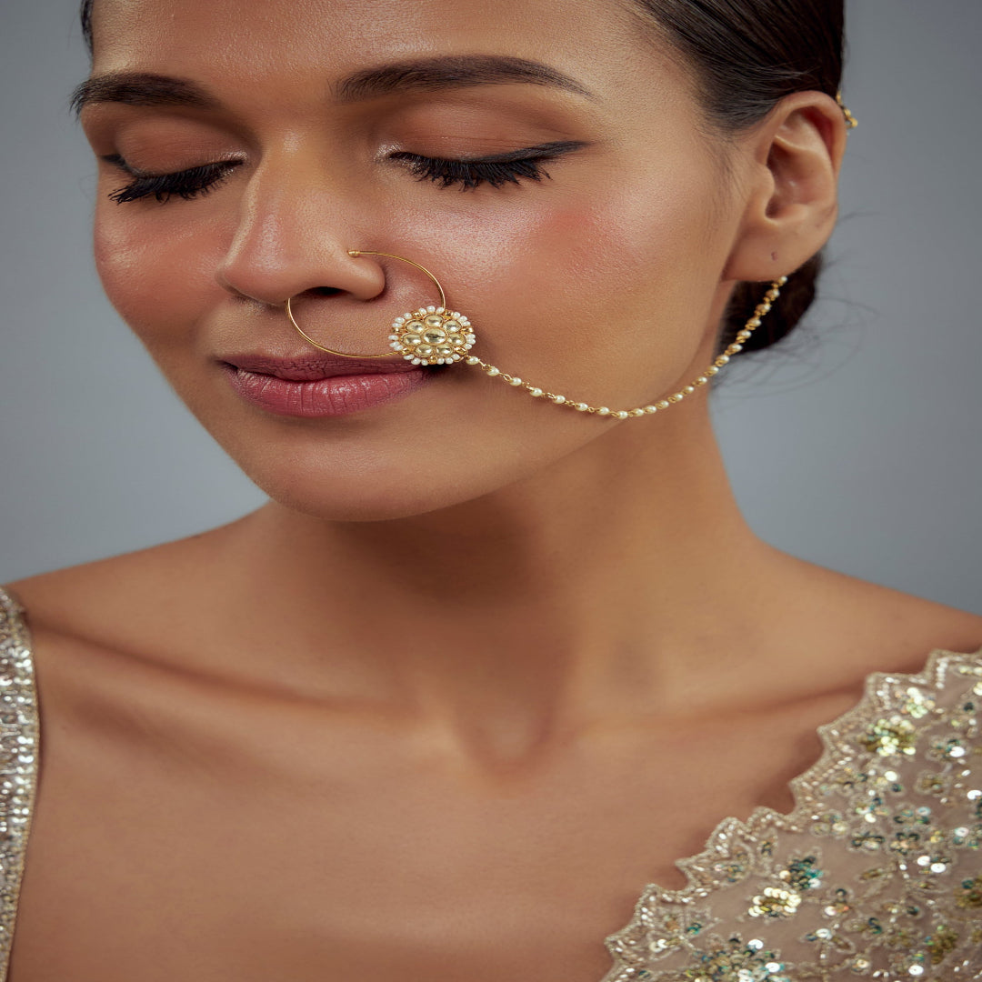 vivinia BY VIDHI MEHRA Saadgi Gold Plated Kundan, Polki Womens Nath with Chain (Freesize) - VNT013