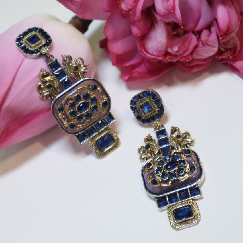 Royal Blue and Gold Kundan Peacock Motif Earrings -SIA452131