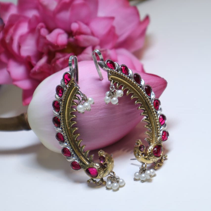 Antique Gold and Pink Stone Peacock Hoop Earrings with Pearl Drops -SIA452189_A
