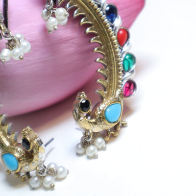 Multicolor Stone and Pearl Peacock Hoop Earrings -SIA452189_C