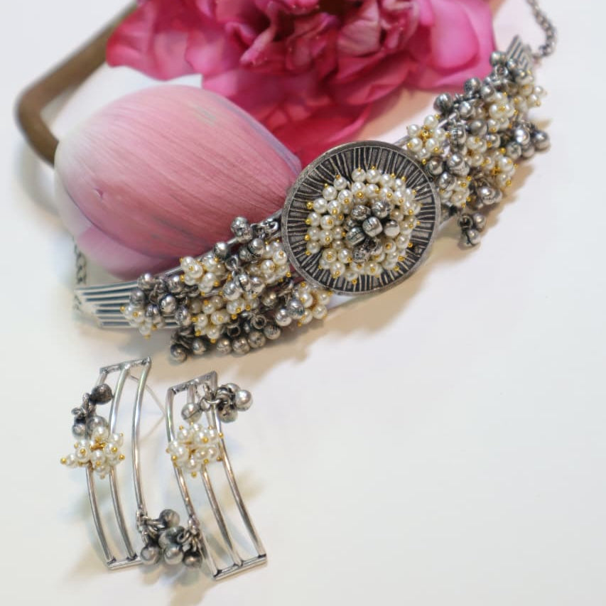 Oxidized Silver and Pearl Floral Choker with Matching Earrings -SIA452118