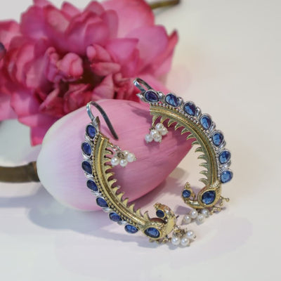 Antique Gold and Blue Stone Peacock Hoop Earrings with Pearl Drops -SIA452189