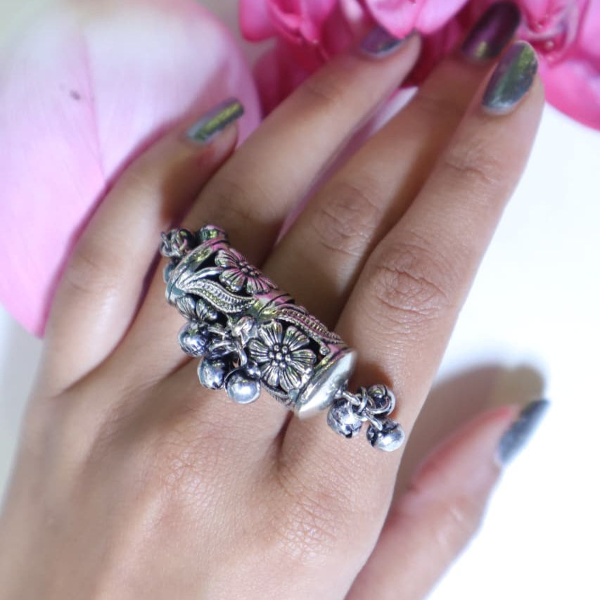 Oxidised Silver Floral Ring with Ghungroo Drops -SIA452201