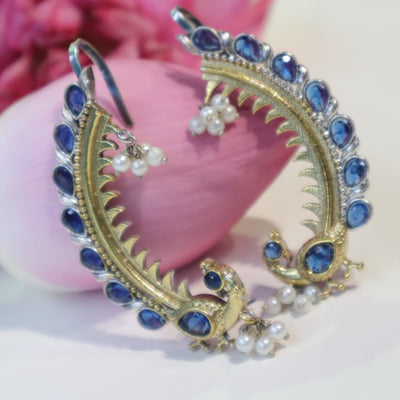 Antique Gold and Blue Stone Peacock Hoop Earrings with Pearl Drops -SIA452189