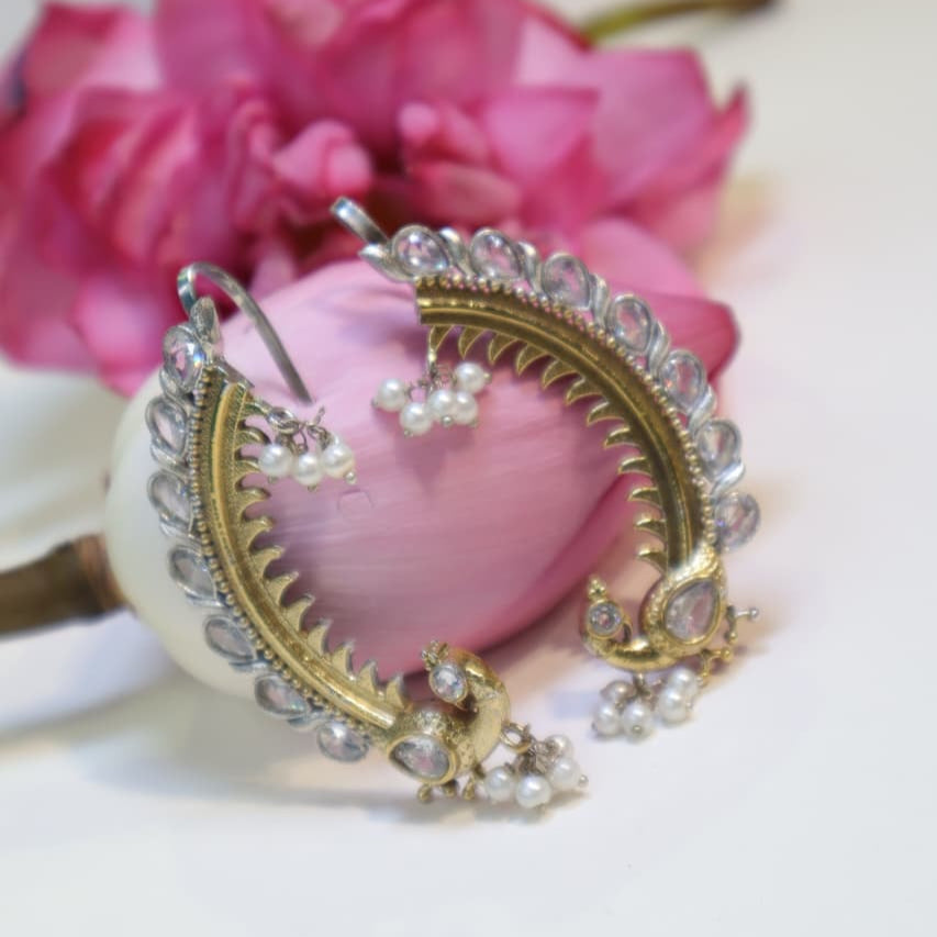 Antique Gold and White Stone Peacock Hoop Earrings with Pearl Drops -SIA452189_C