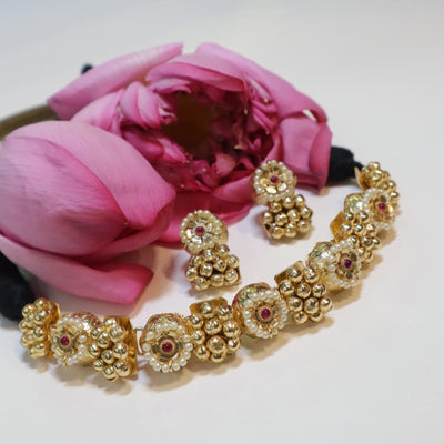 Elegant Gold and Pearl Floral Bracelet with Ruby Accents – Traditional Charm with a Modern Touch -SIA452099