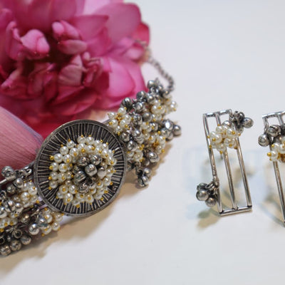 Oxidized Silver and Pearl Floral Choker with Matching Earrings -SIA452118