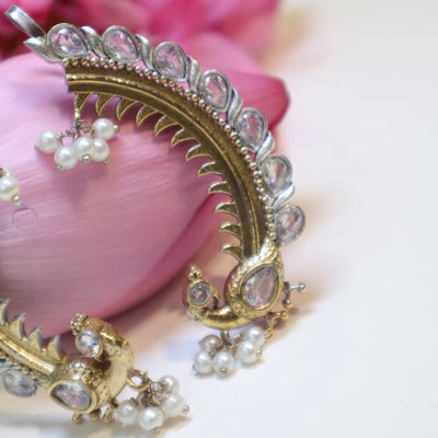 Antique Gold and White Stone Peacock Hoop Earrings with Pearl Drops -SIA452189_C