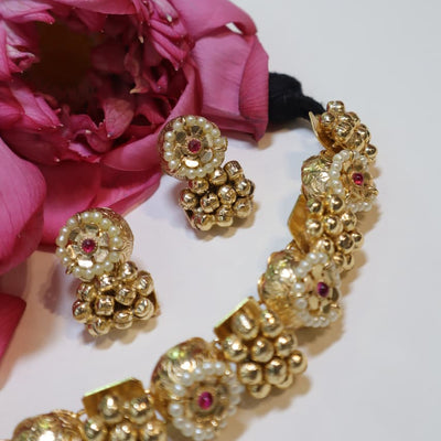 Elegant Gold and Pearl Floral Bracelet with Ruby Accents – Traditional Charm with a Modern Touch -SIA452099