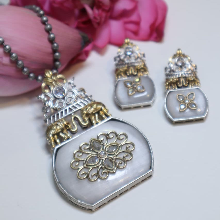 White Potli-Shaped Necklace Set with Antique Elephant Design -SIA452114