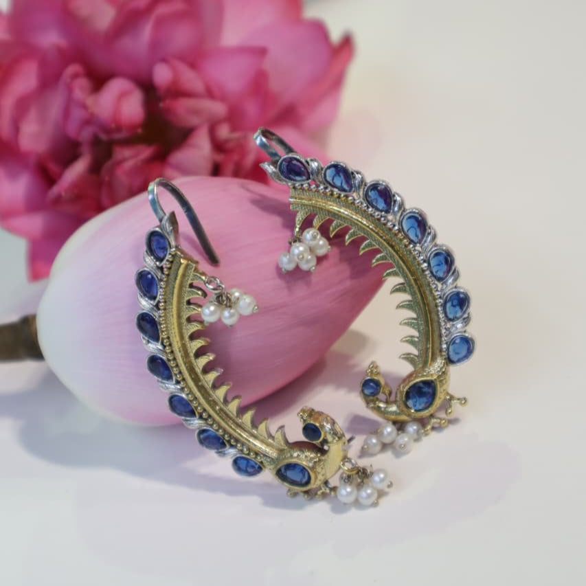 Antique Gold and Blue Stone Peacock Hoop Earrings with Pearl Drops -SIA452189