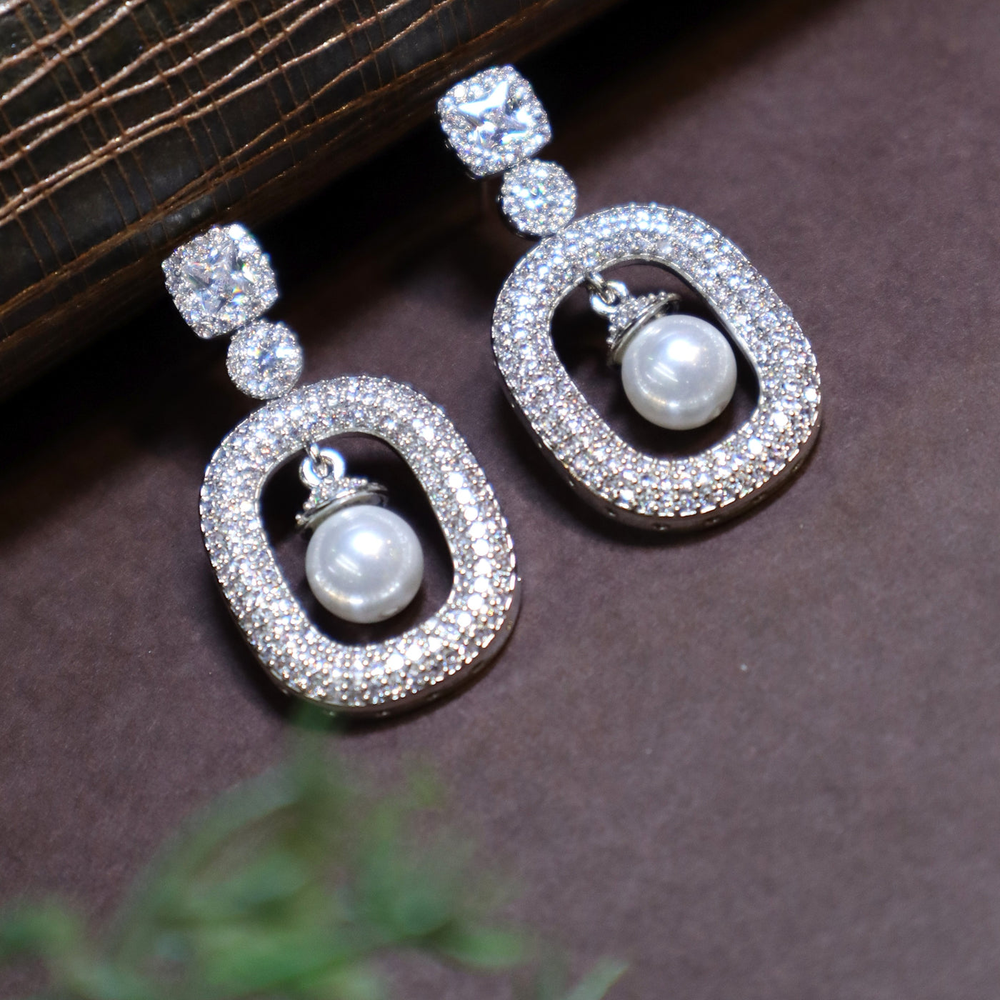 Geometric Pearl & CZ Dangler Earrings - SIA450583