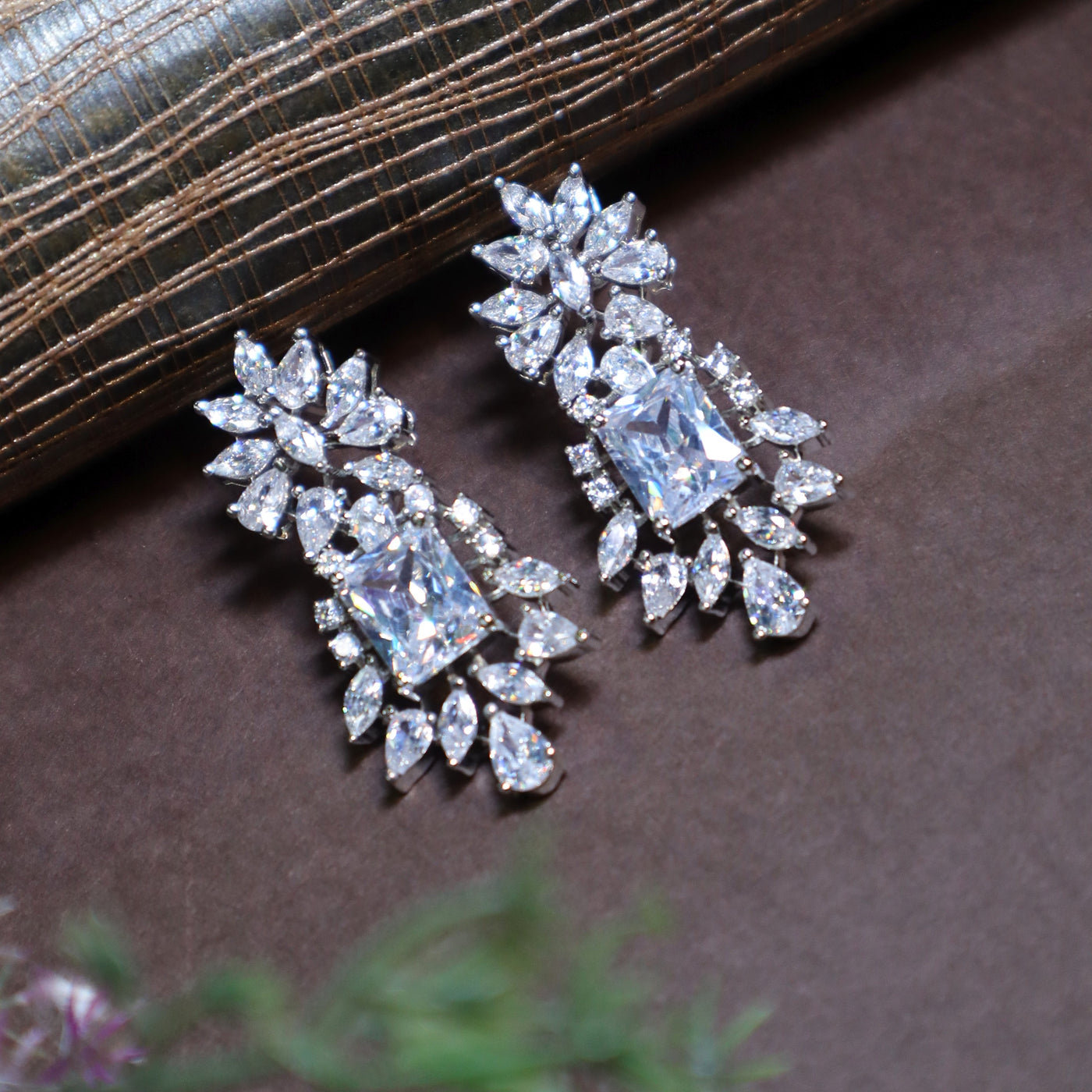 Silver Marquise & Rectangular CZ Earrings - SIA450177