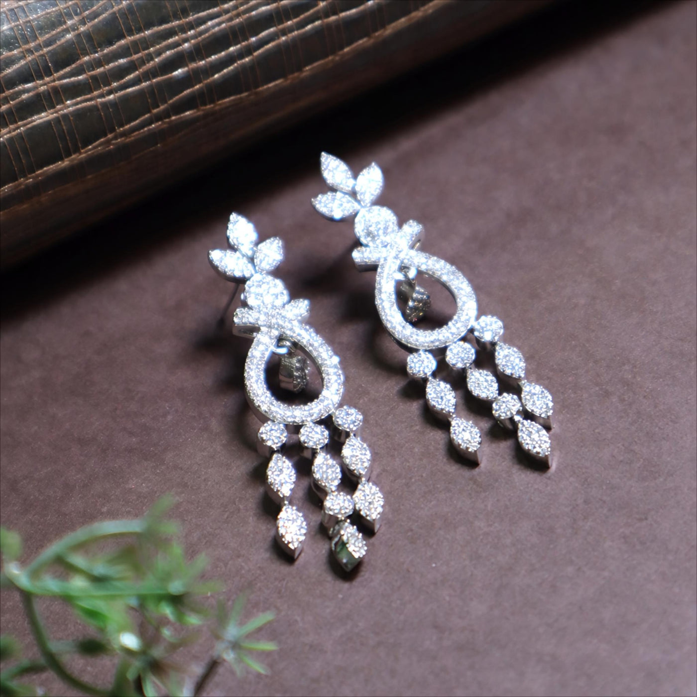 Sparkling Silver-Toned Leaf & Teardrop Drop Earrings - SIA438390