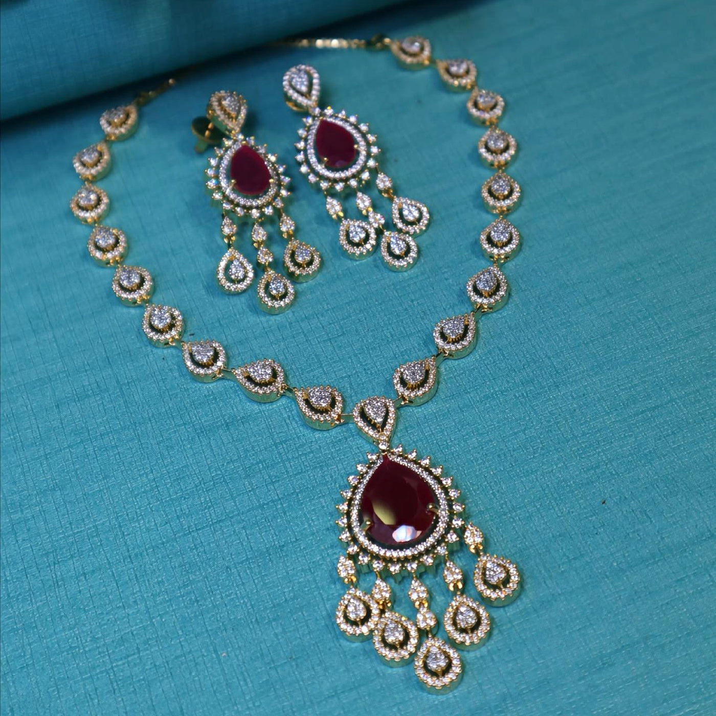Gold-Plated Red & CZ Teardrop Necklace Set - SIA452330