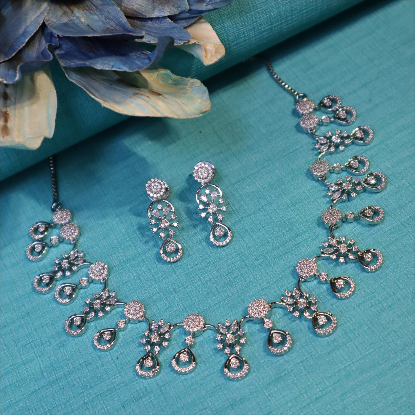 Rhodium Plated Teardrop Floral Necklace Set with CZ Stones - SIA452340