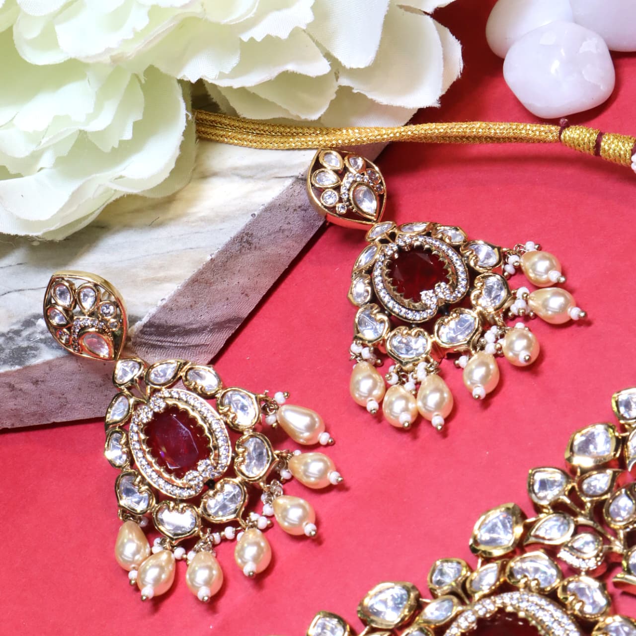 Antique Polki & Ruby Stone Bridal Pearl Drop Set - SIA454308