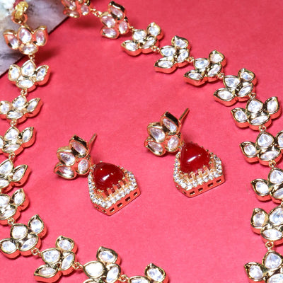 Red Teardrop Kundan Floral Necklace Set - SIA454317