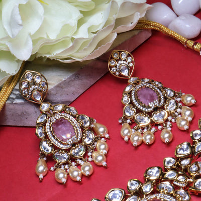 Kundan-Style Pink Center Stone Statement Jewelry Set - SIA454310