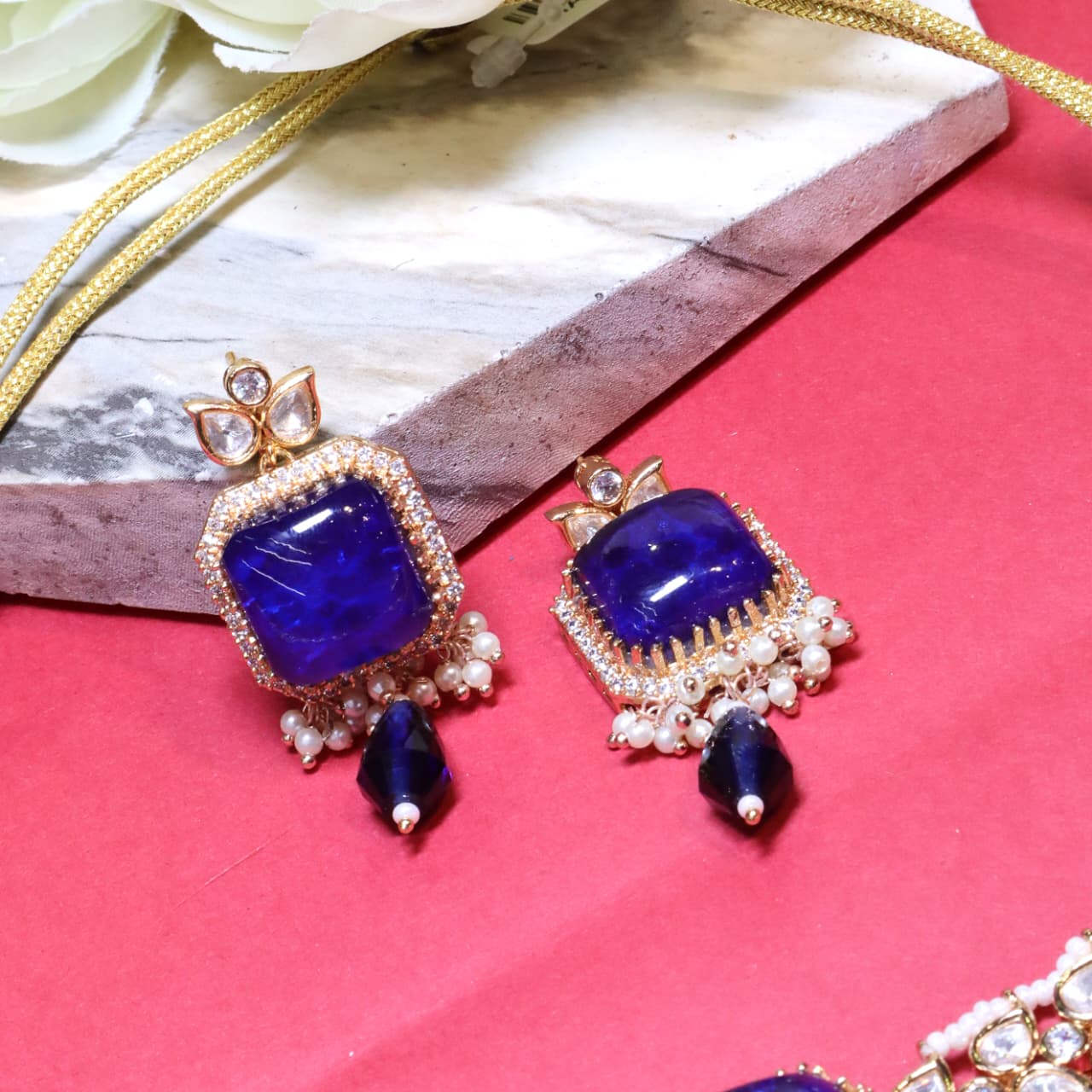 Royal Blue Kundan Pearl Necklace Set - SIA454315