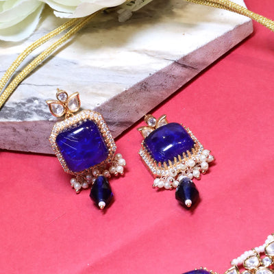 Royal Blue Kundan Pearl Necklace Set - SIA454315