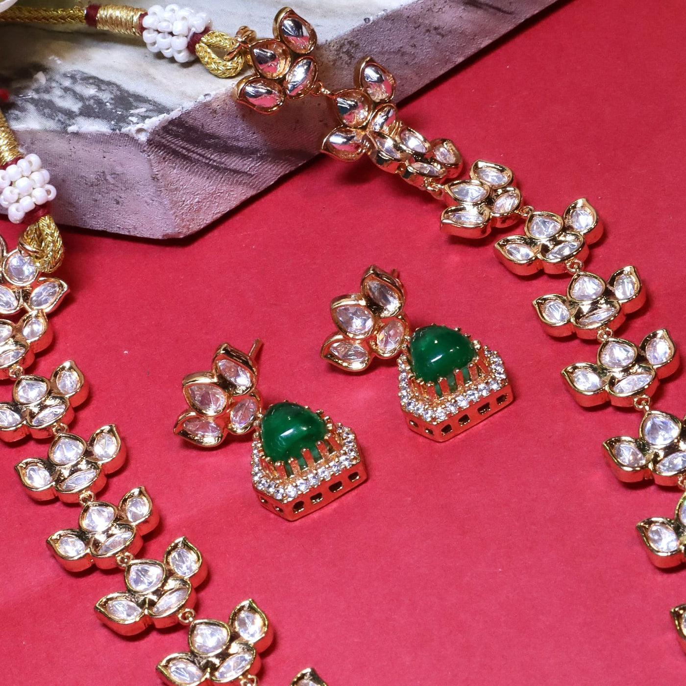 Gold-Toned Floral Polki & Emerald Drop Necklace set - SIA454316