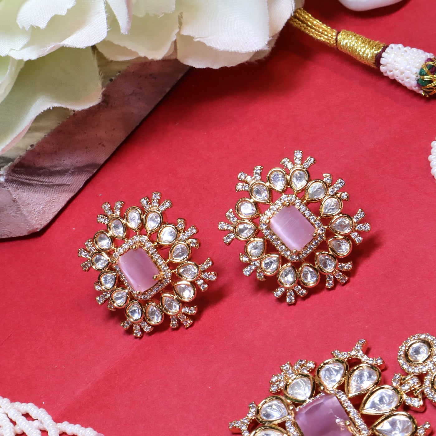 Pink Square Kundan Pearl Necklace Set - SIA454321