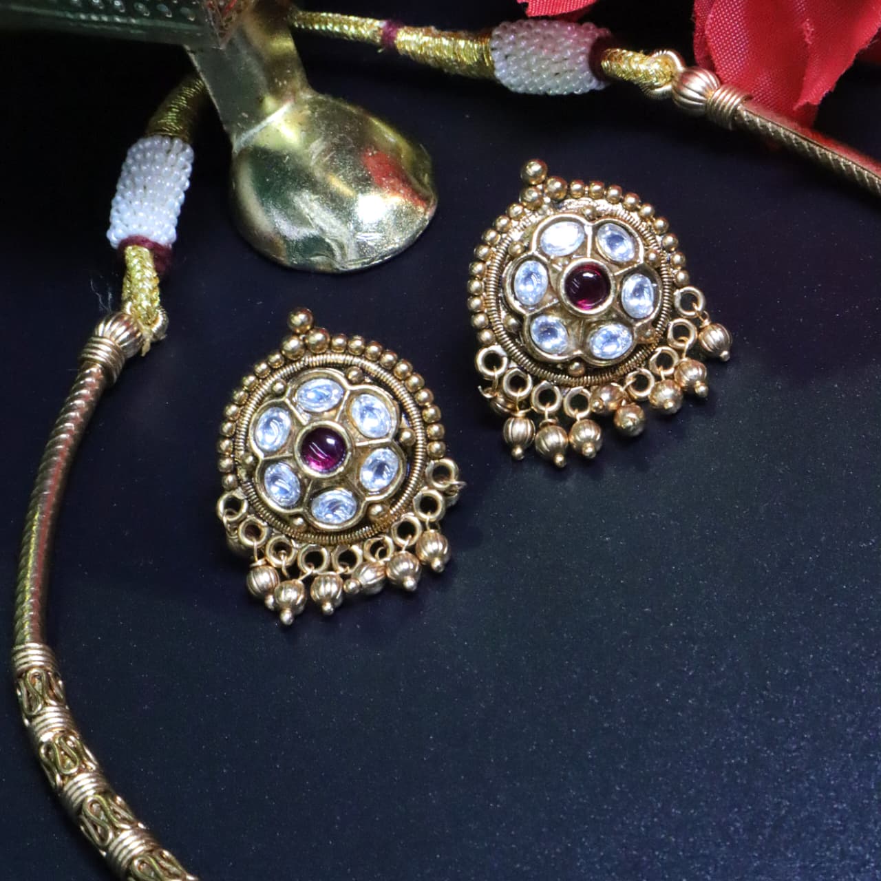 Antique Gold Temple Necklace Set with Ruby & Kundan Design- SIA454012