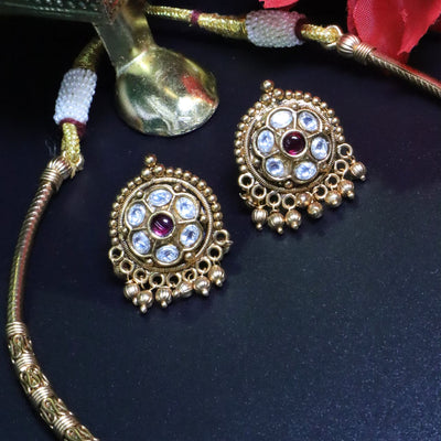 Antique Gold Temple Necklace Set with Ruby & Kundan Design- SIA454012