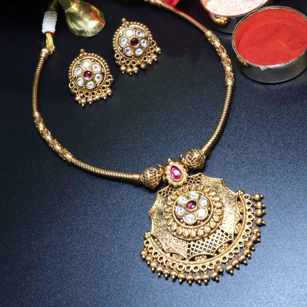 Antique Gold Temple Necklace Set with Ruby & Kundan Design- SIA454012