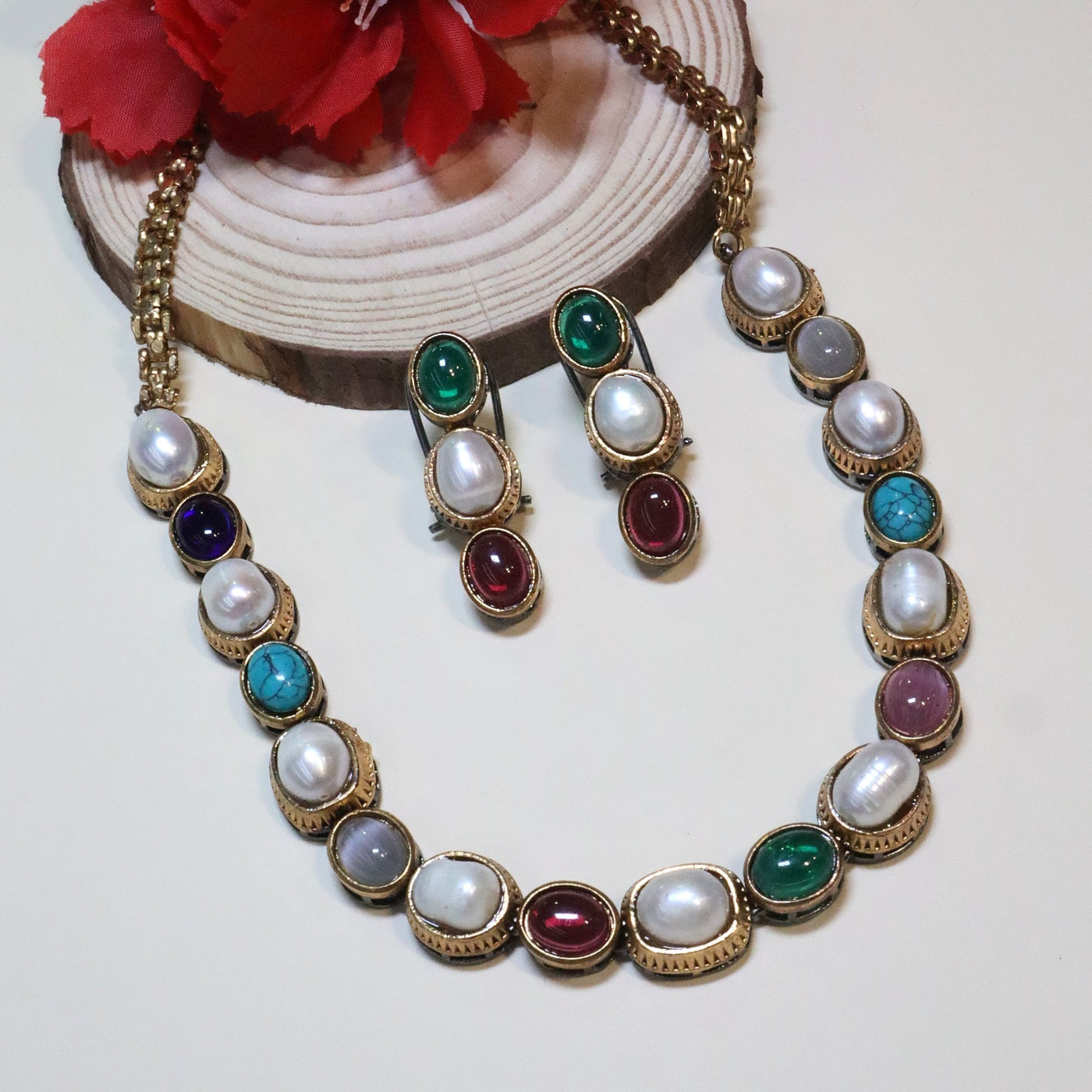 Oval Gemstone & Pearl Link Chain Choker with Triple Drop Earrings - SIA454981