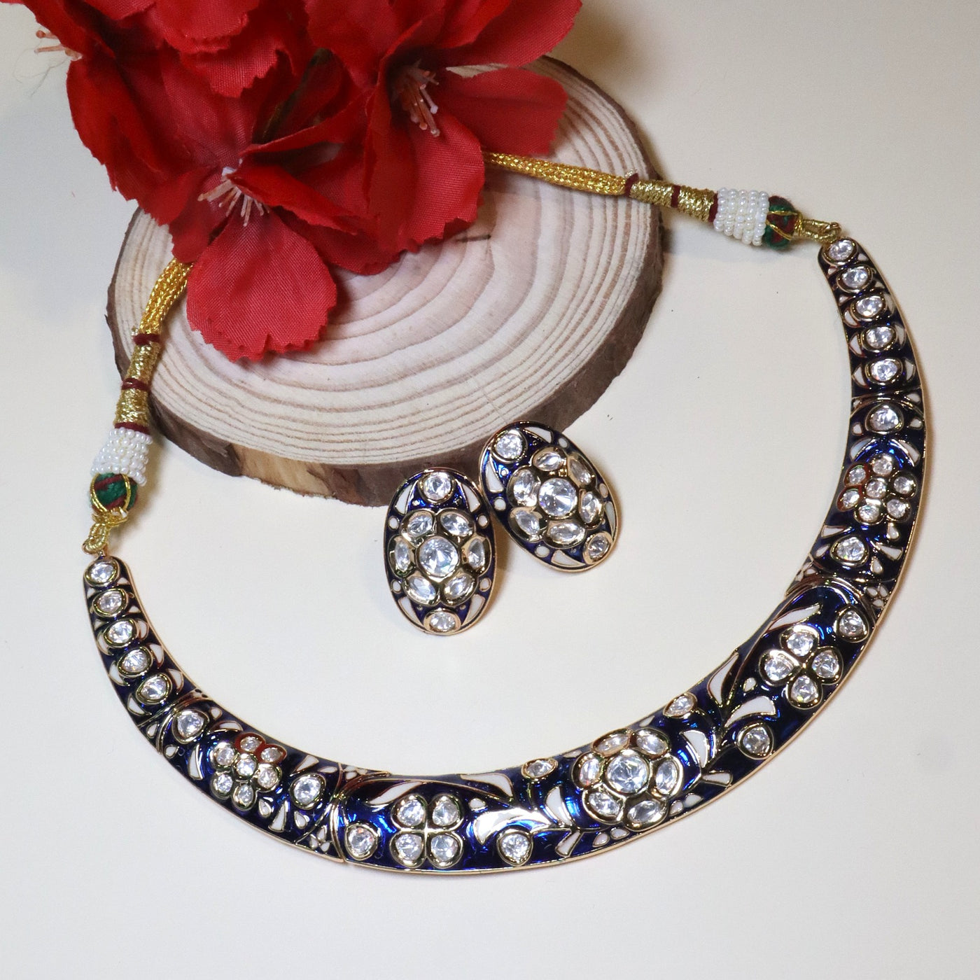 Regal Blue Meenakari and Uncut Polki Style Choker Necklace Set - SIA454863