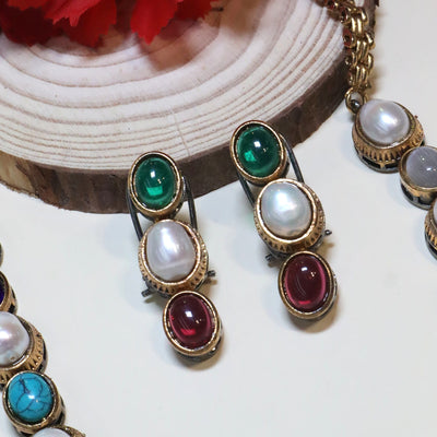 Oval Gemstone & Pearl Link Chain Choker with Triple Drop Earrings - SIA454981