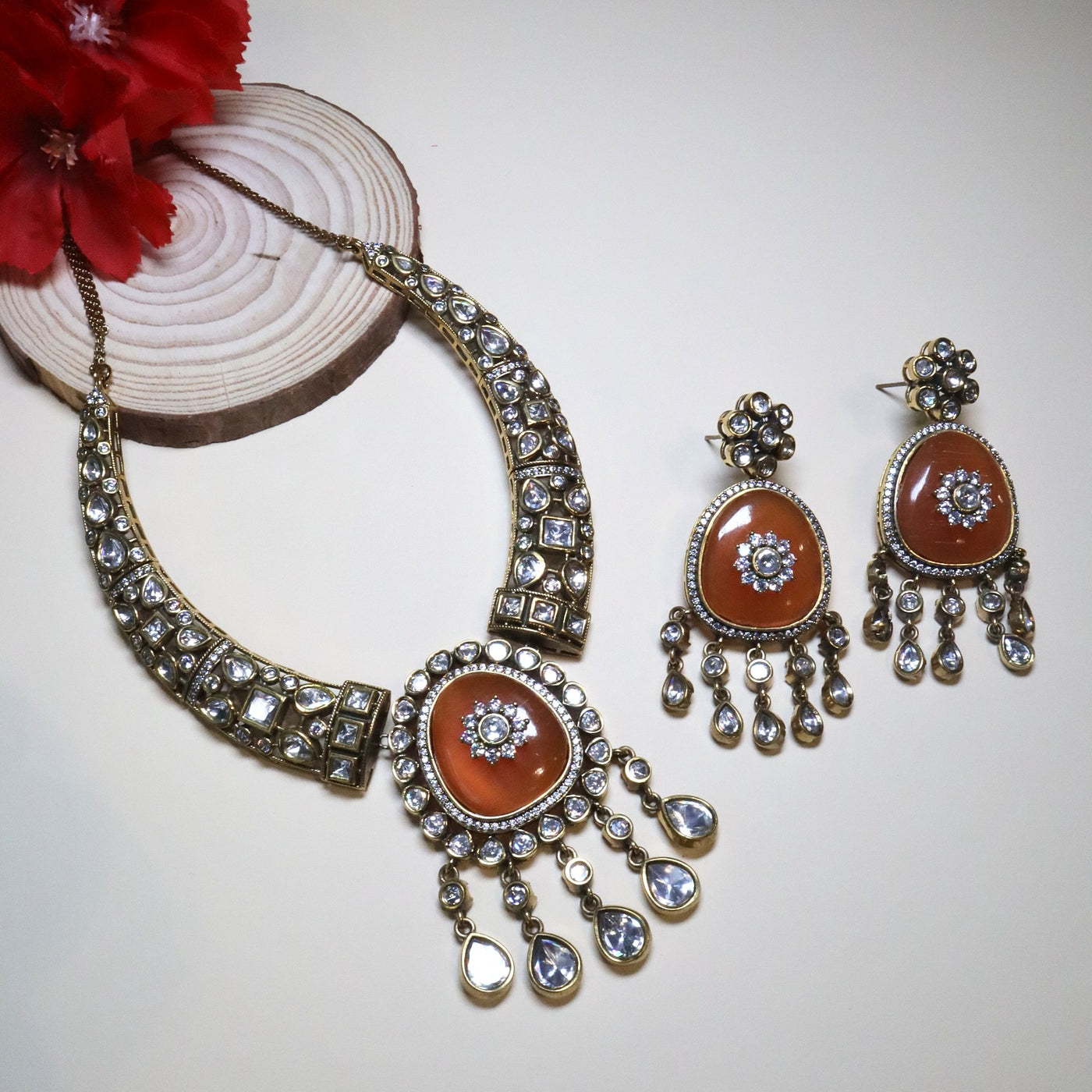 Caramel Brown Antique Polki Stone Choker Set - SIA454745