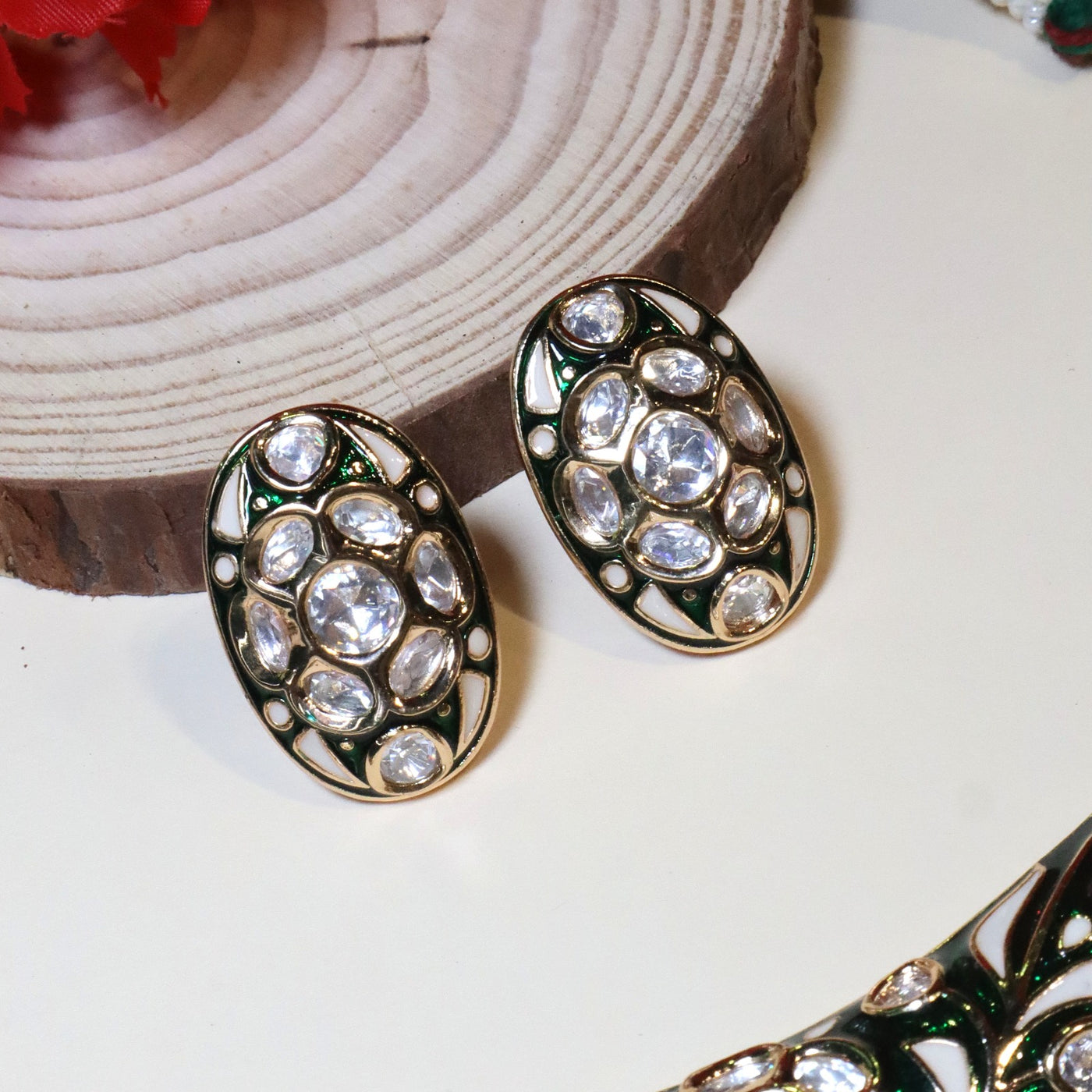 Emerald Green and White Floral Meenakari Choker Necklace Set - SIA454863 _A