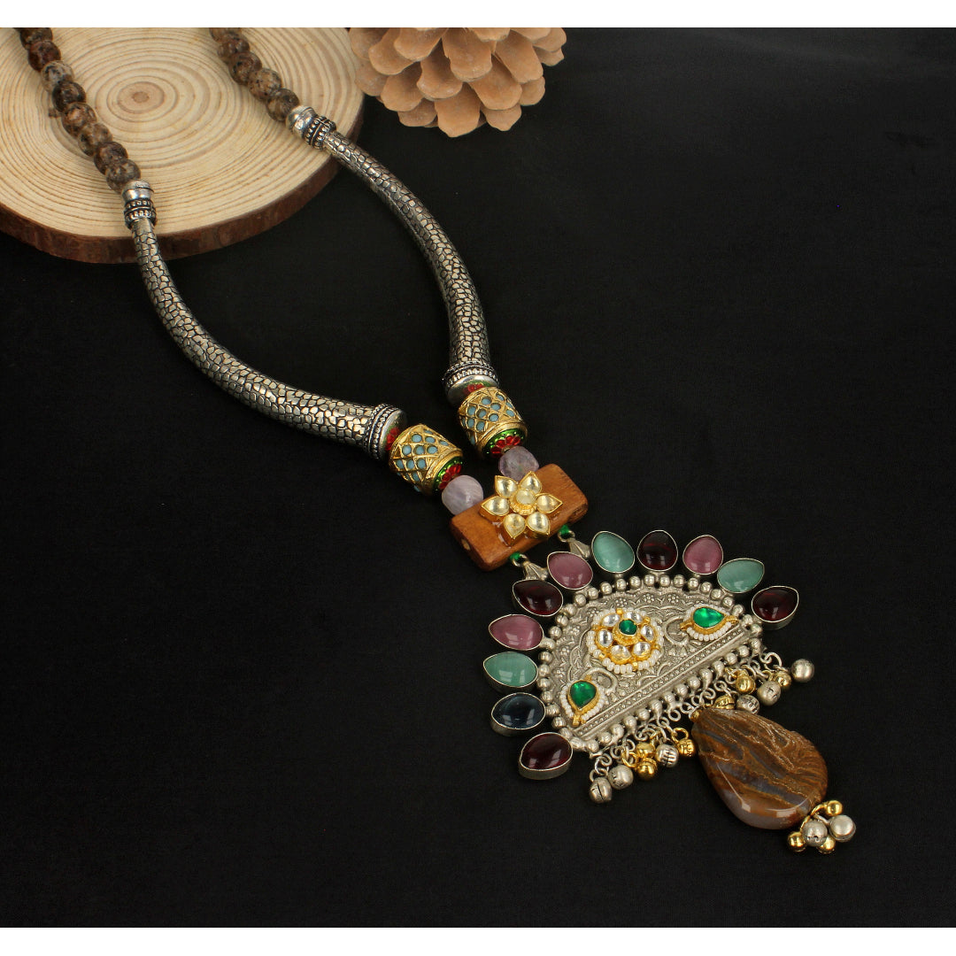 Multi Colour Long Oxidised Necklace-SIA432984