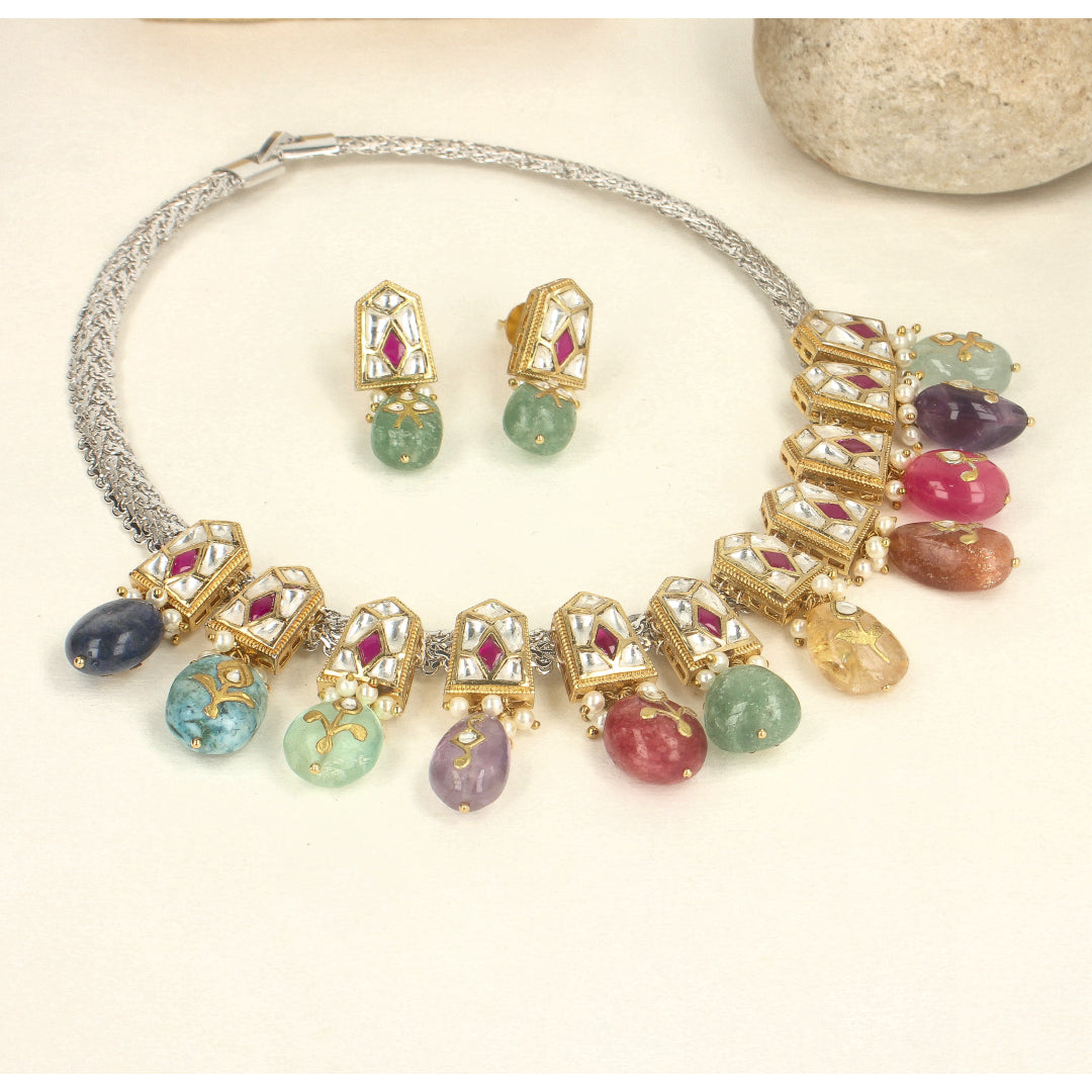 Multicolored Kundan Necklace Set-SIA433392