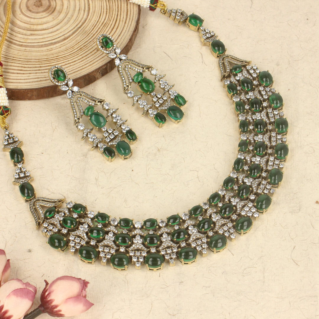 Antique Jewellery Rich dark green colour beads and stone,necklace set with elegant and earring -SIA437001  -