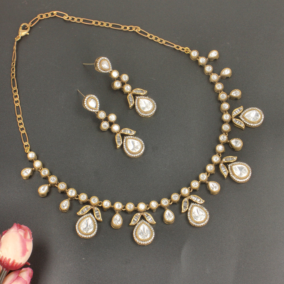 Gold Finish Kundan Necklace with Faux Diamond Detailing -SIA437135