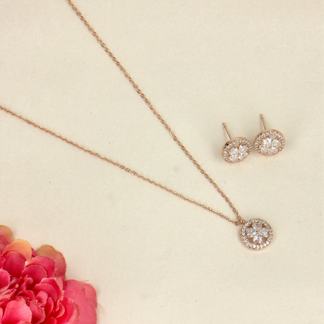 Gleaming Rose Elegant Circle Pendant Set with CZ Diamonds-SIA438659