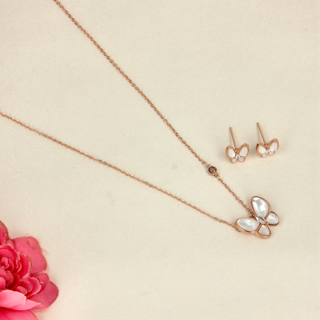 Butterfly Dreams Rose Gold Pendant Set with Pearls-SIA438661