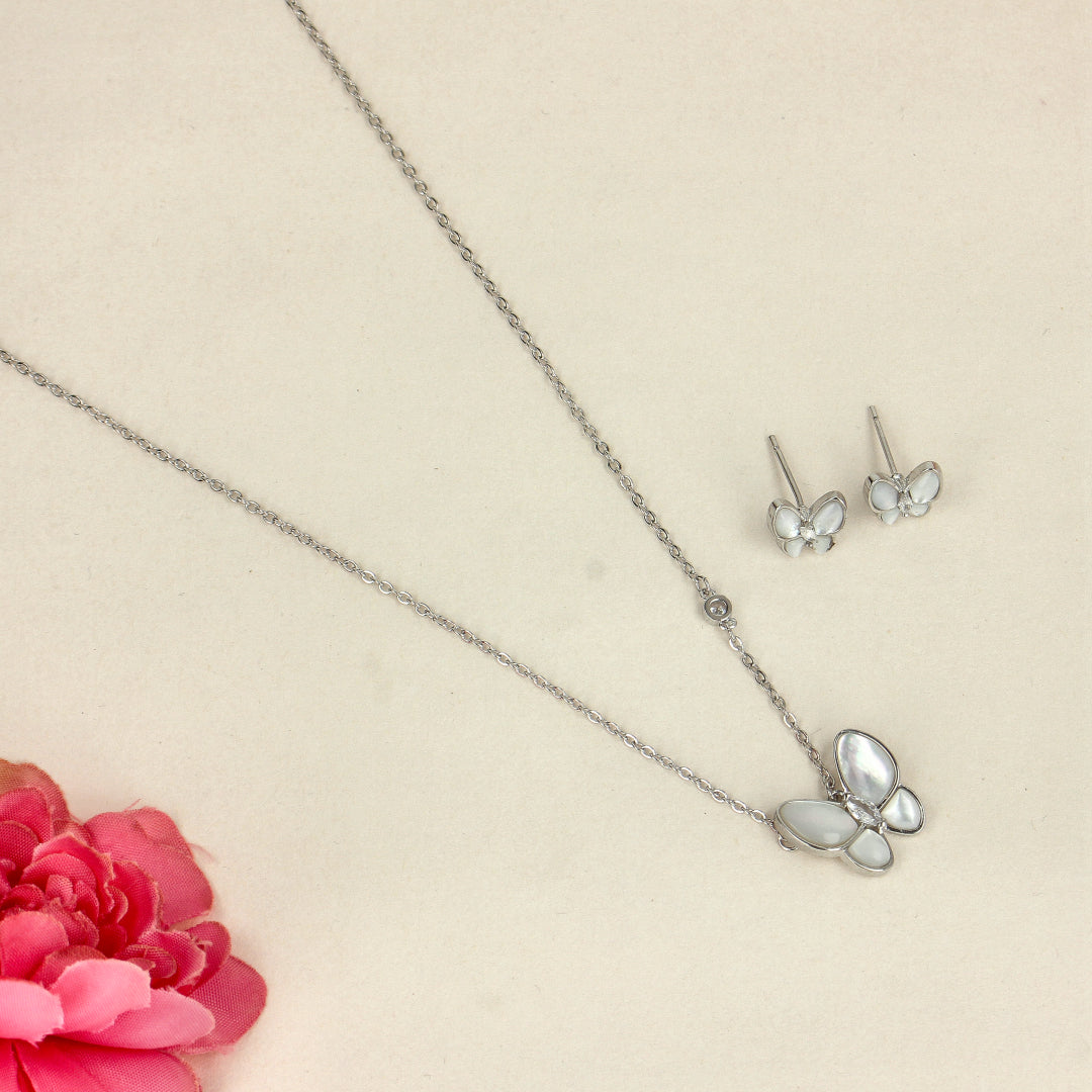 Whimsical Beauty: Silver Butterfly and Pearl Set -SIA438662