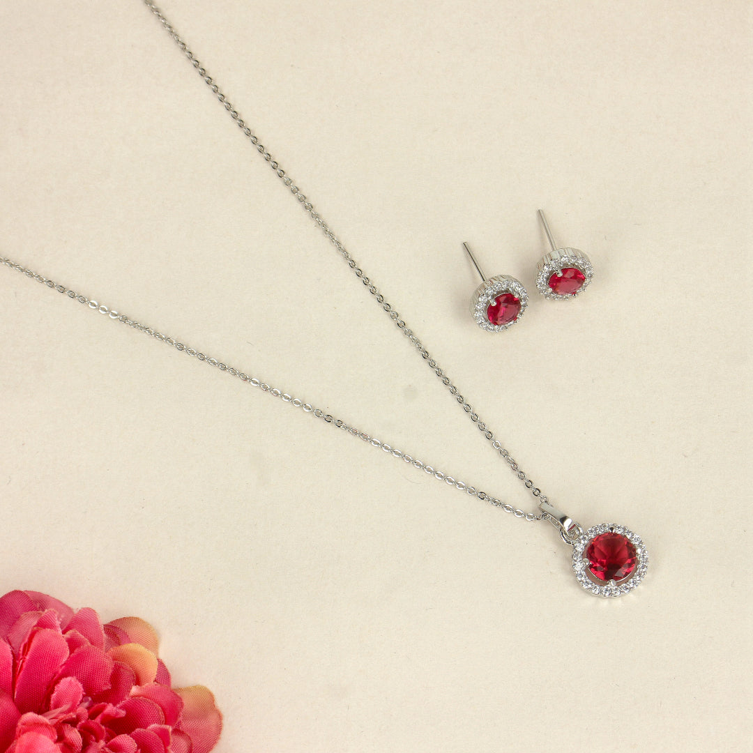 Red Luxe Rhodium Pendant Set with Sparkling CZ Diamonds- SIA438664