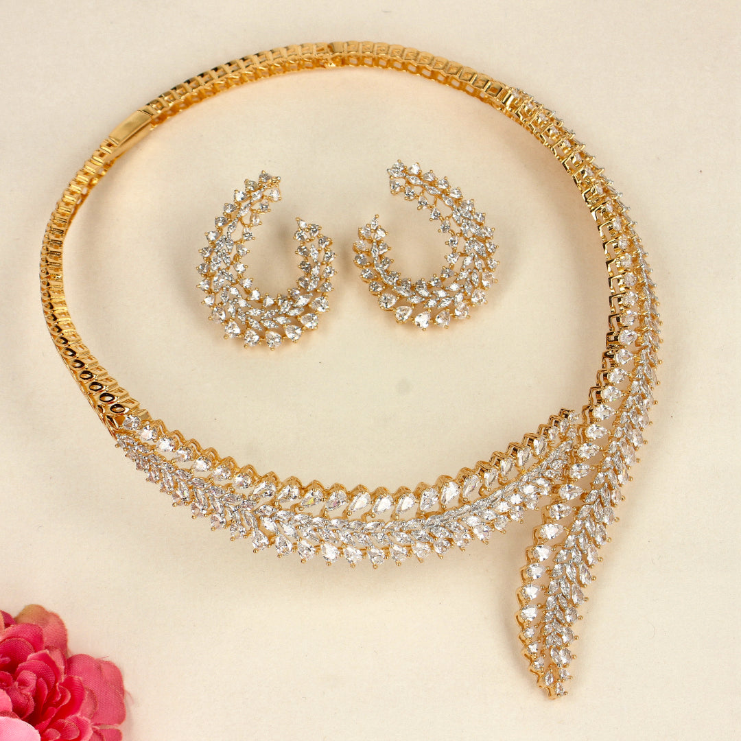 Gold Design Necklace Set with White CZ Diamonds-SIA438720