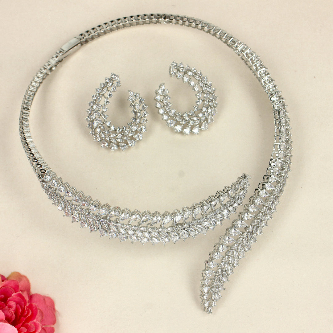 Classic Luxury Rhodium Design Necklace with White CZ Diamonds-SIA438721