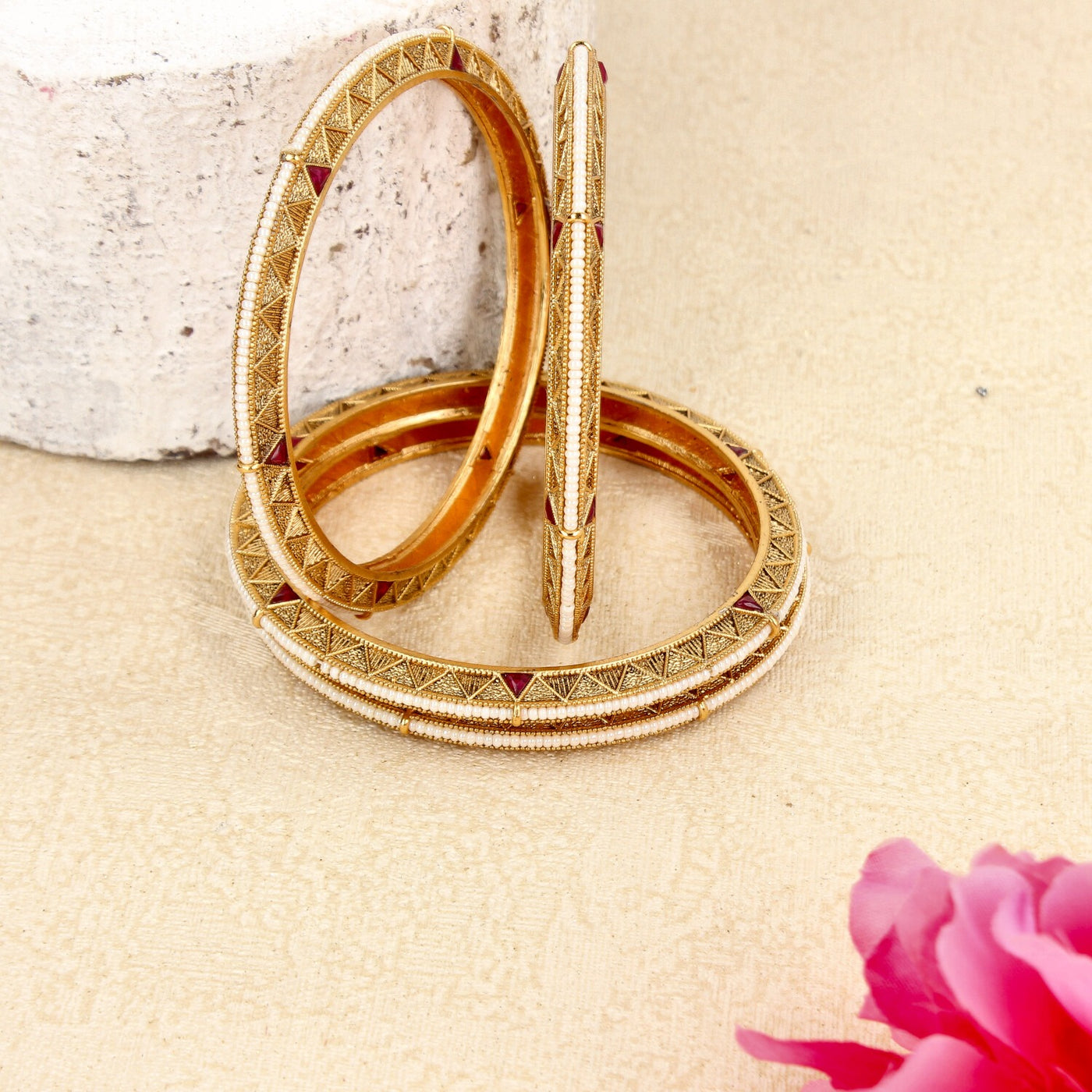 Antique Gold Rasa Bangles with Red Triangle Detailing - SIA447461