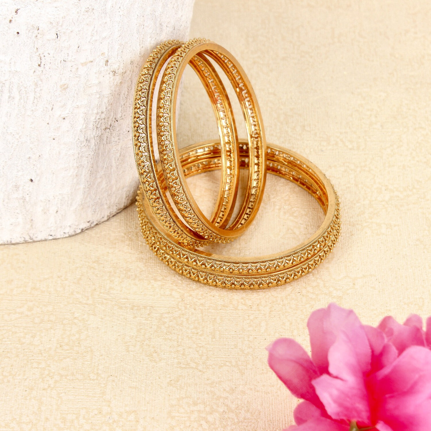 Textured Gold Bangles with Bold Red Stone Accents - SIA447470